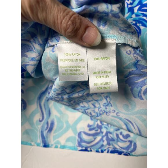 Pineapple Print Tunic Top S Bell Sleeve Blue White Boho‎ Resort Vacation Rayon - Picture 6 of 10